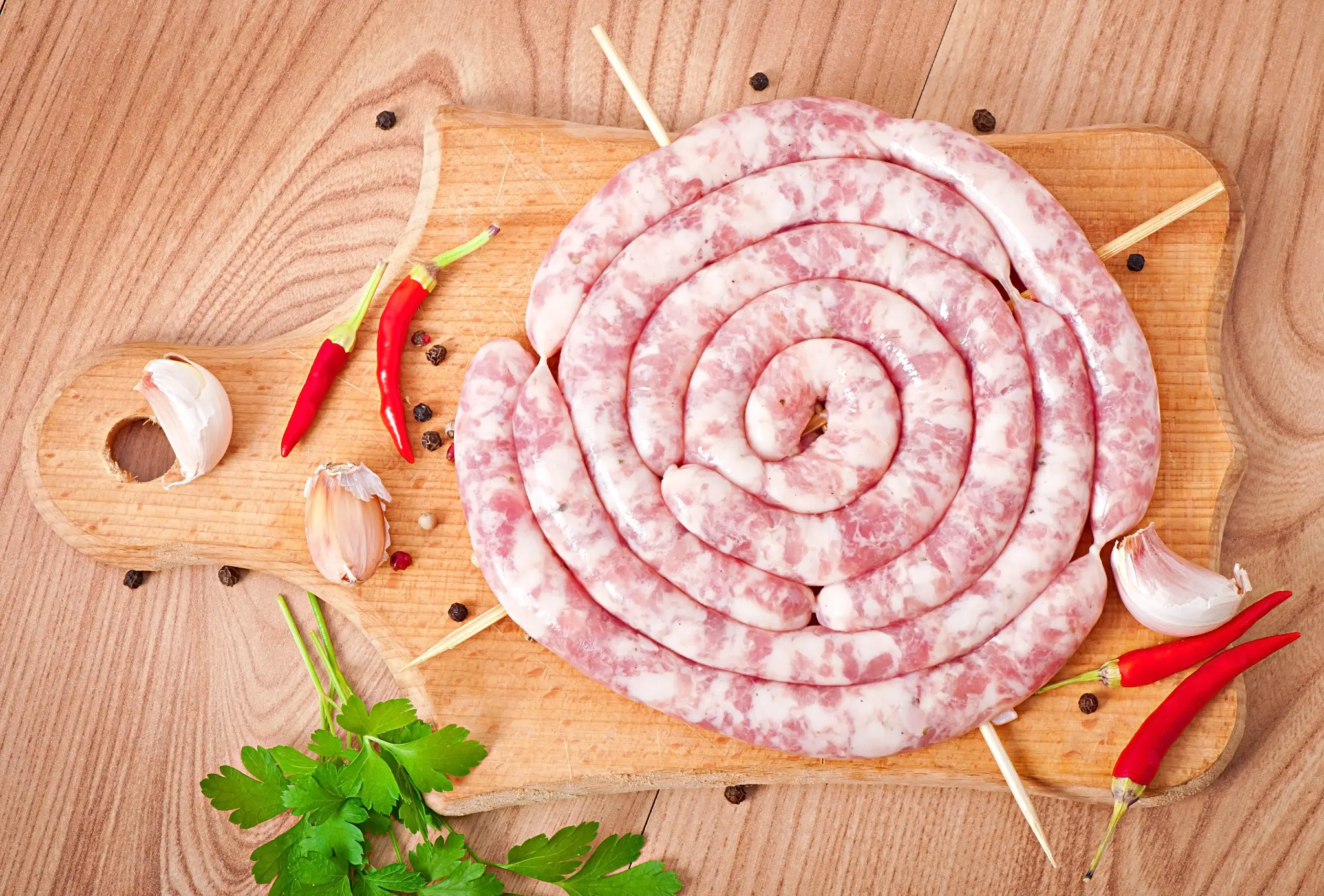Fresh raw pork sausage arranged on a wood board with herbs, garlic, peppercorns, and chilies